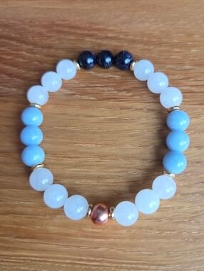 Blue Angelite & White Jade Beads Bracelet, Hand Crafted, Stretch